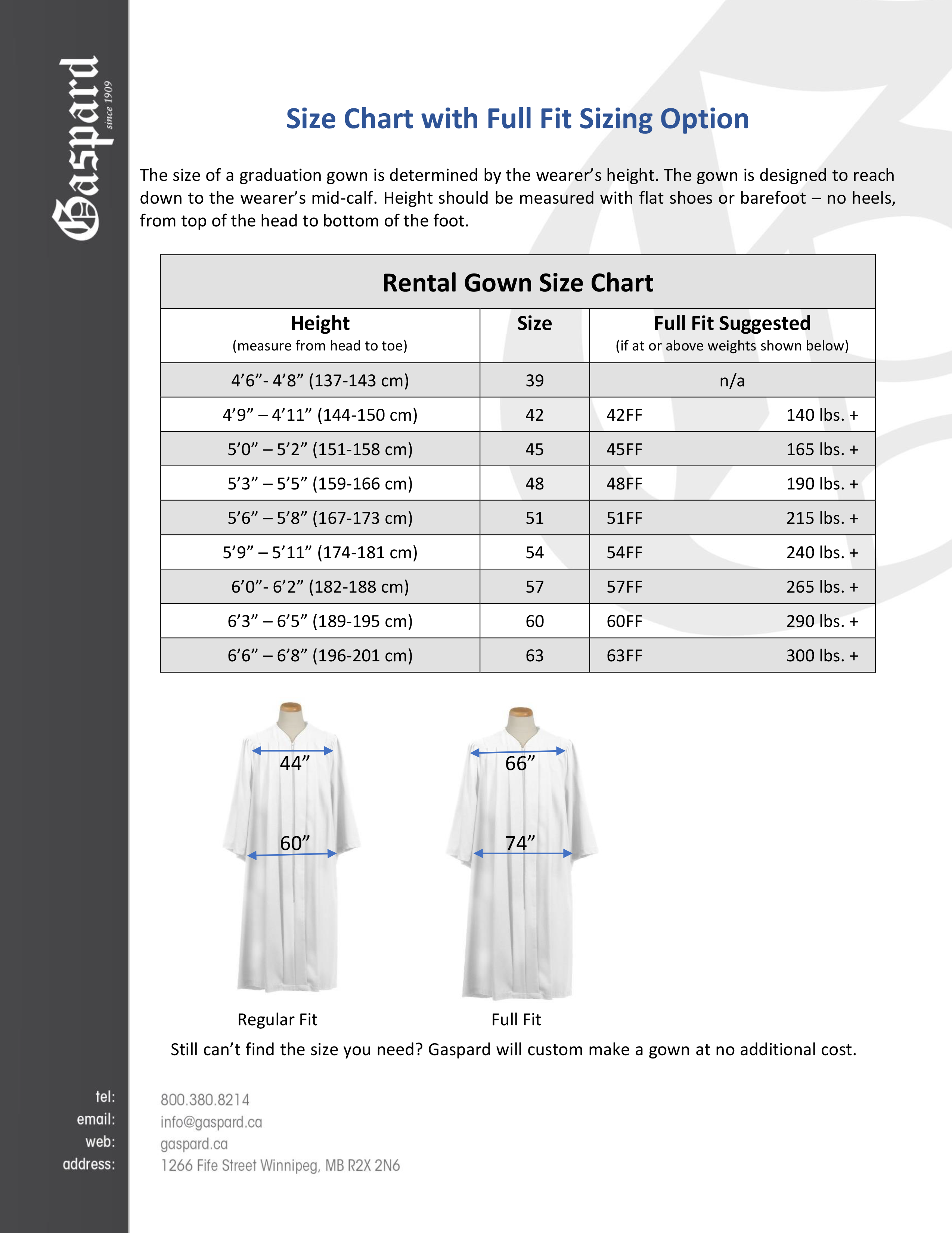 Cap & Gown Sizing Chart